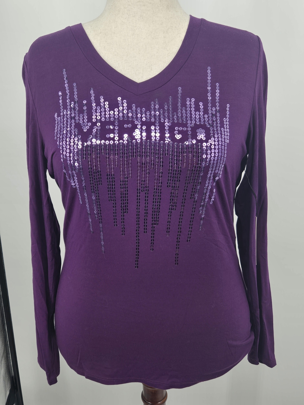 Vertigo Paris Grape Purple LS V-Neck Sequin Top XL (7931)